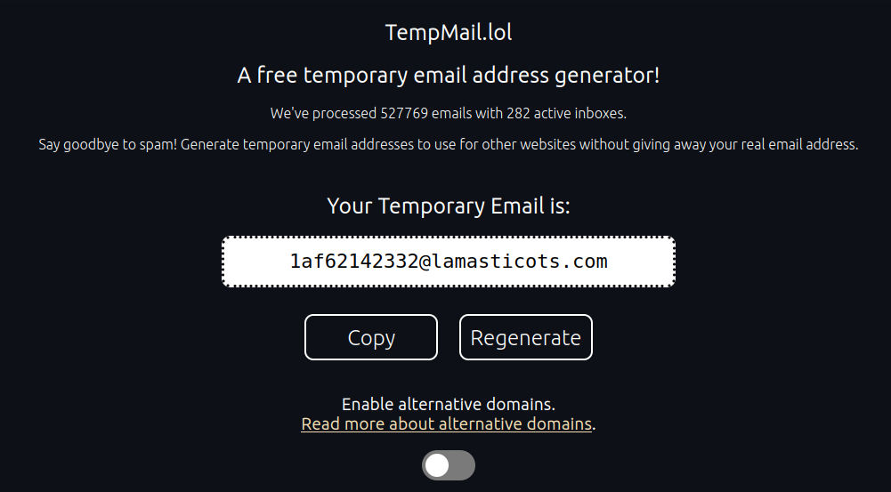 TempMail main page